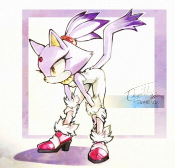 1girl alt_text animal_ears artist_name bent_over blaze_the_cat bodysuit cat_ears cat_girl cat_tail closed_mouth commentary eyelashes forehead_jewel full_body furry furry_female gloves hands_on_own_legs high_heels highres looking_to_the_side purple_fur red_shoes shoes signature solo sonic_(series) tail thwillartz twitter_username white_bodysuit white_gloves yellow_eyes