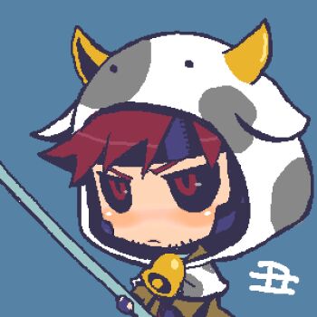 animal_costume animal_print bantrain black_sclera boy_cow brown_hair chibi colored_sclera cow cow_costume cow_print gambit lowres male_focus marvel oekaki red_eyes togatsuko x-men