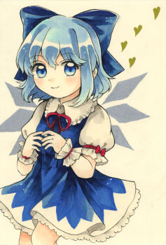 Rule 34 | 1girl, absurdres, bad id, bad pixiv id, blue bow, blue dress, blue eyes, blue hair, blush, bow, cirno, closed mouth, commentary request, detached wings, dress, hair bow, highres, ice, ice wings, maa (forsythia1729), medium hair, neck ribbon, pinafore dress, puffy short sleeves, puffy sleeves, red bow, red ribbon, ribbon, shirt, short sleeves, sleeve bow, sleeveless, sleeveless dress, smile, solo, touhou, traditional media, white shirt, wings, wrist cuffs