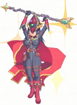 1girl absurdres belt_pouch blue_hair boot_knife boots breasts cape commentary commission completionist_cape_(runescape) dang_(runescape) duellist's_cap_(tier_6) english_commentary full_body gloves glowing_hat hat highres holding holding_staff inkerton-kun large_breasts long_hair orange_eyes original potion pouch runescape smile solo sparkle_background spiked_ear_piercing staff staff_of_armadyl_(runescape) standing vial weapon