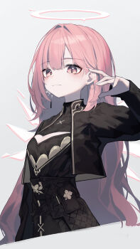 1girl absurdres arknights beudelb black_dress black_jacket breasts closed_mouth commentary_request detached_wings dress earrings energy_wings grey_background halo hand_up highres jacket jewelry lemuen_(arknights) long_hair long_sleeves open_clothes open_jacket pink_eyes pink_hair simple_background small_breasts solo traditional_halo wings