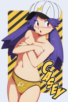 1girl armpit_crease baseball_cap blush casey_(pokemon) character_name collarbone covering_breasts covering_privates crossed_arms curled_fingers dress electabuzz embarrassed euf-dreamer female_focus gen_1_pokemon groin hair_flaps hat highres legs_together long_hair long_twintails looking_to_the_side matching_hair/eyes navel neck nintendo no_bra open_mouth panties pokemon pokemon_(anime) print_panties purple_dress purple_eyes standing stomach striped_clothes striped_panties thighs topless_female twintails underwear underwear_only yellow_panties