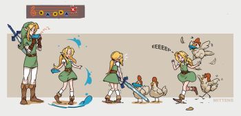 1boy 1girl age_regression aged_down bird blonde_hair blue_eyes blush chicken dress gameplay_mechanics genderswap genderswap_(mtf) highres instrument link master_sword nintendo ocarina running sequential surprised the_legend_of_zelda the_legend_of_zelda:_ocarina_of_time transformation zrav7853