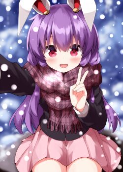 1girl :d animal_ears black_jacket blurry blurry_background blush brown_scarf commentary_request completion_time cowboy_shot hair_between_eyes hand_up highres jacket layered_sleeves long_hair long_sleeves looking_at_viewer miniskirt open_mouth outdoors outstretched_arm pink_skirt plaid_clothes plaid_scarf pleated_skirt purple_hair rabbit_ears rabbit_girl red_eyes reisen_udongein_inaba ruu_(tksymkw) scarf sitting skirt smile snowing solo touhou v winter winter_clothes