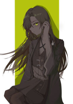 Rule 34 | 1girl, absurdres, brown coat, brown dress, brown hair, brown sash, coat, dark-skinned female, dark skin, dress, fd fu dian, green background, highres, limbus company, long sleeves, looking at viewer, on head, project moon, rabbit ornament, simple background, solo, wide sleeves, zilu (project moon)