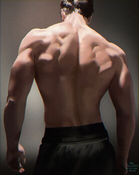 Rule 34 | 1boy, back, back muscles, black hair, black pants, commentary request, cowboy shot, from behind, highres, korean commentary, male focus, muscular, muscular male, original, pants, short hair, solmuk0, solo, standing, watermark
