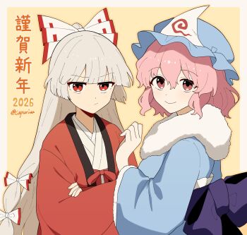 2026 2girls absurdres alternate_costume blue_hat blue_kimono bow closed_mouth commentary crossed_arms fujiwara_no_mokou furisode grey_hair hair_bow happy_new_year hat highres japanese_clothes kapuri_(capuriwa) kimono long_hair long_sleeves mob_cap multiple_girls multiple_hair_bows new_year pink_eyes pink_hair red_eyes red_robe robe saigyouji_yuyuko smile touhou translation_request triangular_headpiece twitter_username very_long_hair white_kimono wide_sleeves