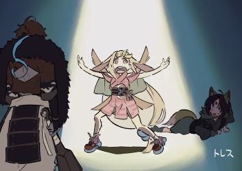 Rule 34 | 1boy, 2girls, animal ears, back cutout, bare shoulders, black hair, blonde hair, cho kaguya-hime!, clothing cutout, club, club (weapon), commentary, crescent, crescent hair ornament, forehead jewel, fox ears, fox tail, hair ornament, highres, holding, holding club, holding weapon, hood, hoodie, kaguya (cho kaguya-hime!), kanabou, kill la kill, long hair, long sleeves, looking at another, lying, mikado akira (cho kaguya-hime!), multiple girls, numuhe, on stomach, outstretched arms, parody, red eyes, red hair, sakayori iroha, short hair, spotlight, tail, very long hair, weapon