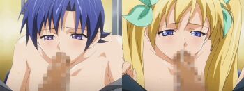 2boys 2girls animated animated_gif blonde_hair blue_eyes blue_hair blush breasts censored cum cum_in_mouth fellatio hand_on_head hetero long_hair manin_densha mizuno_akira mosaic_censoring multiple_boys multiple_girls nanase_yuzu_(man'in_densha) oral penis pov short_hair split_screen twintails