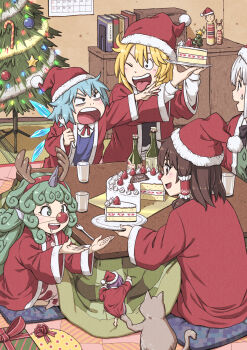 6+girls alternate_costume alternate_headwear antlers black_bow black_bowtie blonde_hair blue_eyes blue_hair blush book bottle bow bowtie box brown_eyes brown_hair cake cake_slice calendar_(object) candy candy_cane cat christmas christmas_cake christmas_ornaments christmas_tree cirno climbing commentary cup curly_hair detached_wings doll drinking_glass fake_antlers food fork frilled_hair_tubes frills gift gift_box green_eyes green_hair green_vest grey_hair hair_tubes hairband hakurei_reimu hat highres holding holding_fork holding_plate horns ice ice_wings indoors inuno_rakugaki jacket kirisame_marisa kokeshi komainu_ears komainu_girl komano_aunn konpaku_youmu kotatsu long_hair long_sleeves mini_person minigirl multiple_girls one_eye_closed open_mouth plate purple_hair red_hairband red_hat red_jacket red_shirt reindeer_antlers santa_hat shirt single_horn sitting smile star_(symbol) sukuna_shinmyoumaru sweatdrop table tatami tongue tongue_out touhou under_kotatsu under_table vest wide_sleeves wings