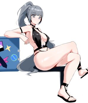 1girl absurdres bikini black_bikini black_choker black_survival breasts choker eternal_return:_black_survival grey_eyes grey_hair haze_(black_survival) highres large_breasts long_hair official_alternate_costume plentyofempty ponytail sideboob swimsuit