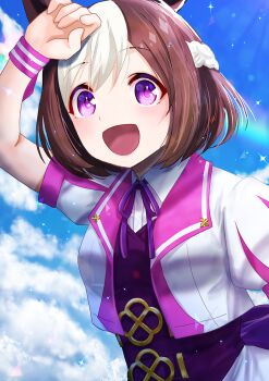 1girl animal_ears blue_sky blush bow braid breasts brown_hair cloud collared_shirt commentary_request half_up_braid highres horse_ears horse_girl jacket looking_at_viewer multicolored_hair open_mouth otono_(bkt4b) outdoors purple_bow purple_eyes purple_ribbon purple_vest rainbow ribbon shirt short_hair short_sleeves skirt sky small_breasts smile special_week_(special_dreamer)_(umamusume) special_week_(umamusume) two-tone_hair umamusume vest white_hair white_jacket white_shirt white_skirt wristband
