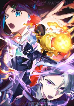 1boy 1girl amethio_(pokemon) arm_blade armarouge armor black_hair blue_eyes blue_hair ceruledge collared_shirt colored_skin cowlick eye_trail eyelashes fire flaming_eyes gloves hair_ornament hairclip highres light_trail liko_(pokemon) long_sleeves looking_at_viewer mayona_(mayona1poke) multicolored_hair nintendo open_mouth pokemon pokemon_(anime) pokemon_(creature) pokemon_horizons purple_eyes purple_fire red_eyes shirt short_hair shoulder_armor two-tone_hair weapon yellow_armor