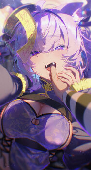 1girl 1other absurdres alternate_costume animal_ears bite_mark black_gloves blood breasts cat_cutout cat_ears cat_girl china_dress chinese_clothes cleavage cleavage_cutout clothing_cutout commentary_request cross-laced_clothes cross-laced_dress cross-laced_slit crossed_bangs double-parted_bangs dress elbow_gloves fangs gloves hair_between_eyes hat heart heart-shaped_pupils highres hololive looking_at_viewer lying nekomata_okayu ofuda ofuda_on_head on_back open_mouth pov pov_hands purple_dress purple_eyes purple_hair qingdai_guanmao reaching reaching_towards_viewer short_hair solo_focus symbol-shaped_pupils tilted_headwear virtual_youtuber yusha_(lv1_yusha_522)