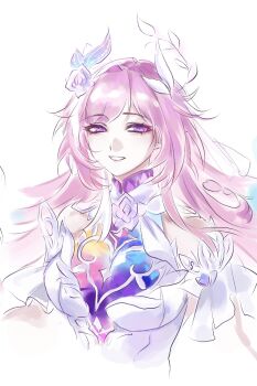 1girl aqua_hair bare_shoulders breasts chinese_commentary commentary_request cyrene_(honkai:_star_rail) dress flower hair_flower hair_ornament heartlessx highres honkai:_star_rail honkai_(series) large_breasts long_hair looking_at_viewer multicolored_hair pink_hair purple_eyes simple_background smile solo upper_body very_long_hair white_background white_dress white_hair