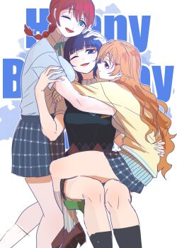 3girls asaka_karin blue_eyes blue_hair blunt_bangs braid breasts cardigan commentary emma_verde hand_on_another's_head happy_birthday highres hug konoe_kanata large_breasts long_hair long_sleeves looking_at_viewer love_live! love_live!_nijigasaki_high_school_idol_club medium_hair monowe multiple_girls nijigasaki_school_uniform one_eye_closed open_mouth orange_hair plaid_clothes plaid_skirt purple_eyes red_hair school_uniform shirt sitting sitting_on_person skirt smile socks symbol-only_commentary text_background twin_braids white_background yellow_cardigan yuri