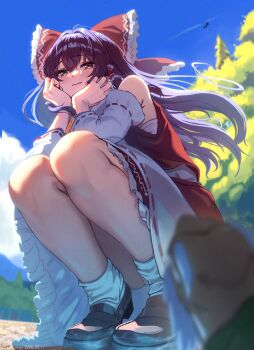 1girl blue_sky blush bow brown_eyes brown_hair brown_shoes closed_mouth cloud cloudy_sky commentary_request dated detached_sleeves frilled_hair_tubes frills hair_bow hair_tubes hakurei_reimu hands_on_own_cheeks hands_on_own_face head_rest highres kirisame_marisa nontraditional_miko outdoors panties pantyshot red_bow red_shirt shirt shoes shoumoku skirt sky smile socks solo squatting touhou tree underwear white_panties white_skirt white_sleeves white_socks