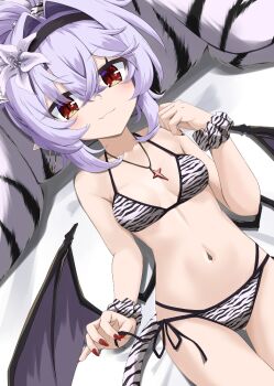 1girl akisome_hatsuka alternate_costume bat_wings bikini black_hairband breasts closed_mouth commentary_request cross cross_necklace crossed_bangs flower hair_between_eyes hair_intakes hairband jewelry looking_at_viewer low_wings lying navel necklace on_back print_bikini purple_flower purple_hair red_eyes remilia_scarlet scrunchie short_hair side-tie_bikini_bottom small_breasts smile solo swimsuit tiger touhou white_tiger_print wings wrist_scrunchie