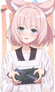 1girl :d absurdres adversarial_noise alternate_costume animal_ear_fluff animal_ears blue_archive blue_eyes blue_halo blunt_bangs blush casual collarbone commentary_request fox_ears fox_girl hair_intakes halo highres holding_bento long_sleeves looking_at_viewer medium_hair niko_(blue_archive) open_mouth pink_background pink_hair qlyus shirt signature simple_background smile solo straight-on straight_hair two-tone_background upper_body white_background white_shirt