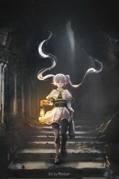 Rule 34 | 1girl, ankle boots, artist name, boots, brown pantyhose, capelet, closed mouth, commentary, dress, dungeon, earrings, elf, frieren, full body, green eyes, grey hair, highres, holding, holding lantern, holding suitcase, indoors, jewelry, lantern, long hair, long sleeves, looking at viewer, morted art, pantyhose, parted bangs, pointy ears, sousou no frieren, stairs, standing, stone stairs, suitcase, teardrop earrings, twintails, very long hair, walking, white capelet, white dress