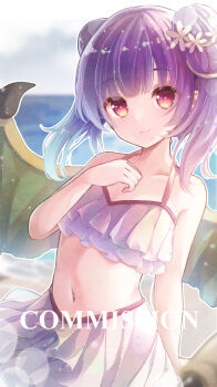 1girl alternate_costume bikini blurry blurry_background blush closed_mouth collarbone commission depth_of_field double_bun dragon_wings fire_emblem fire_emblem:_the_sacred_stones green_wings hair_bun hand_up highres horizon looking_at_viewer myrrh_(fire_emblem) navel nintendo ocean purple_hair red_eyes skeb_commission smile solo swimsuit twintails water watermark white_bikini wings yonema