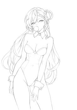 1girl absurdres alternate_costume bare_shoulders blowing_bubble_gum braid braided_bangs breasts chewing_gum cleavage commentary covered_navel cowboy_shot ddcc0123 detached_collar earrings highleg highleg_leotard highres jewelry leotard lineart long_hair looking_at_viewer lynae_(wuthering_waves) medium_breasts simple_background sketch solo star_(symbol) star_earrings strapless strapless_leotard thighs very_long_hair white_background wrist_cuffs wuthering_waves