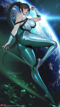 1girl ass black_hair blunt_bangs bodysuit breasts earth_(planet) eve_(stellar_blade) fingerless_gloves gloves green_bodysuit grey_eyes highres in_orbit large_breasts long_hair looking_at_viewer multicolored_bodysuit planet planet_diving_suit_(7th)_(stellar_blade) ponytail sade_abyss silver_bodysuit skin_tight solo space stellar_blade very_long_hair white_gloves