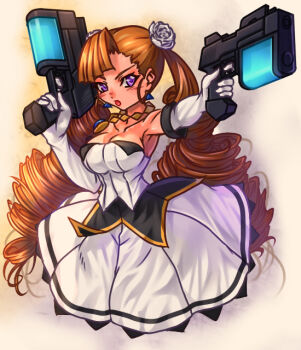 1girl anarchy_ptck aq_interactive arcana_heart arcana_heart_2 armpits blush breasts cleavage collarbone con-tex dress drill_hair earrings examu flower gloves gun hair_flower hair_ornament jewelry long_hair looking_at_viewer medium_breasts orange_hair pendant petra_johanna_lagerkvist purple_eyes rose weapon white_dress white_flower white_gloves white_rose