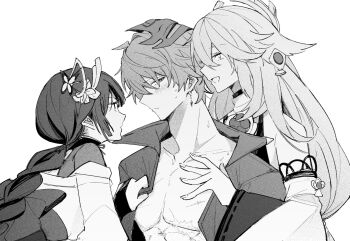 1boy 2girls abs alternate_hairstyle animal_ear_piercing animal_ears bare_shoulders blunt_bangs blush braid braided_ponytail bridal_gauntlets butterfly_hair_ornament closed_mouth collarbone collared_shirt curly_hair detached_sleeves embarrassed fan_hair_ornament fox_ears fox_girl bad_tag from_side genshin_impact group_sex hair_between_eyes hair_ornament hand_on_another's_chest headpiece hetero highres implied_sex japanese_clothes jewelry kimono leaning_back leaning_forward long_braid long_hair long_sleeves looking_at_another looking_down looking_to_the_side looking_up mask mask_on_head monochrome multiple_girls muscular muscular_male neck_ribbon nervous_sweating off_shoulder open_clothes open_mouth open_shirt pendant raiden_shogun ribbon scar shade shirt short_hair simple_background single_braid smile stack_b1 sweat tartaglia_(genshin_impact) threesome upper_body wavy_hair white_background wide_sleeves yae_miko