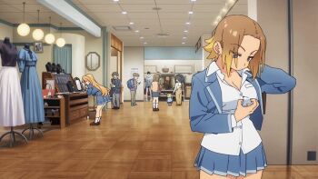 2025 20s 2girls animated animated_gif arm_up bag bag_over_shoulder blonde_hair blue_skirt blush breasts brown_bag brown_eyes brown_hair collarbone curtained_hair gradient_hair green_background green_eyes hair_intakes hand_over_eye holding holding_bag jacket kasamaru_aoi kneeling large_breasts light_blush loafers long_hair long_sleeves miniskirt multicolored_hair multiple_girls necktie nitou3gi one_eye_closed open_mouth parted_bangs partially_unbuttoned pleated_skirt ruri_no_houseki school_bag school_jacket school_uniform shirt shoes shopping shopping_mall short_hair short_sleeves skirt tagme tanigawa_ruri thighs untucked_shirt very_long_hair white_shirt