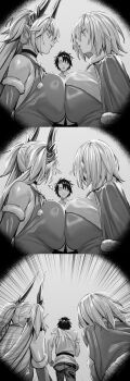 1boy 2girls absurdres breast_press breasts capelet christmas commentary_request eye_contact fate/grand_order fate_(series) fujimaru_ritsuka_(male) greyscale highres horns huge_breasts hxd large_breasts lilith_(fate) long_hair looking_at_another mash_kyrielight monochrome multiple_girls short_hair symmetrical_docking twintails