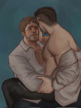 2boys bara bare_shoulders beard_stubble black_hair blonde_hair call_of_duty call_of_duty:_modern_warfare_2 captain_price couple eye_contact facial_hair hand_on_another&#039;s_cheek hand_on_another&#039;s_face highres lee_(infatuationship) looking_at_another male_focus mature_male multiple_boys muscular muscular_male mustache_stubble nipples no_mask off_shoulder pants partially_undressed pectoral_cleavage pectorals short_hair sitting sitting_on_lap sitting_on_person soap_(modern_warfare_2) stubble thick_chest_hair thick_eyebrows yaoi