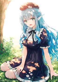 1girl aqua_eyes arm_support beret black_dress black_ribbon blue_hair breasts commentary_request copyright_notice dress fins frilled_dress frills guest_art hat head_fins hiten_(hitenkei) jingai_kyoshitsu_no_ningen_girai_kyoshi long_hair looking_at_viewer medium_breasts minazuki_kyoka neck_ribbon on_grass open_mouth ribbon sitting smile solo wariza