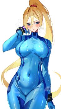 Rule 34 | 1girl, absurdres, blonde hair, blue bodysuit, blue eyes, blush, bodysuit, breasts, chromatic aberration, commentary request, covered navel, eyelashes, hair between eyes, high ponytail, highres, large breasts, long hair, metroid, nintendo, ponytail, samus aran, simple background, solo, super smash bros., sweat, very long hair, white background, yasaikakiage, zero suit