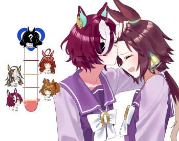 6+girls animal_ears aston_machan_(umamusume) baejimile black_hair blue_eyes blush bow brown_hair closed_eyes commentary crown daiwa_scarlet_(umamusume) dream_journey_(umamusume) eyepatch glasses green_eyes hair_over_one_eye highres horse_ears horse_girl kiss kiss_meter_(meme) kissing_forehead long_hair long_sleeves looking_at_another meme mini_crown multicolored_hair multiple_girls one_side_up open_mouth purple_sailor_collar purple_shirt red_desire_(umamusume) red_hair red_veil sailor_collar school_uniform shirt symbol-only_commentary tanino_gimlet_(umamusume) tracen_school_uniform twintails two-tone_hair umamusume veil vodka_(umamusume) white_bow white_hair yellow_eyes yuri