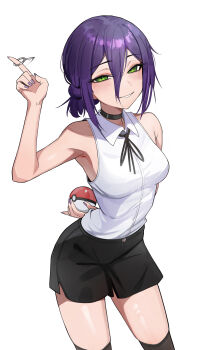 1girl absurdres black_hair black_shorts black_thighhighs blush breasts chainsaw_man choker collared_shirt green_eyes grenade_pin grin hair_between_eyes hair_bun highres kiritzugu looking_at_viewer medium_breasts neck_ribbon nintendo poke_ball poke_ball_(basic) pokemon reze_(chainsaw_man) ribbon shirt short_hair shorts sleeveless sleeveless_shirt smile solo thighhighs thighs white_shirt