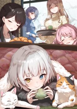 Rule 34 | 5girls, ^ ^, animal, aran sweater, bang dream!, bang dream! it's mygo!!!!!, bare tree, black hair, black sweater, blue eyes, blue hoodie, blurry, blurry background, blush, bread, breasts, brown hair, cable knit, cat, chihaya anon, closed eyes, closed mouth, clothes writing, commentary request, cup, day, drooling, eating, fang, food, food bite, fruit, grey hair, hair behind ear, hair between eyes, hands up, hanten (clothes), head on table, head rest, heterochromia, highres, holding, holding food, holding tray, hood, hood down, hoodie, houji tea latte, indoors, kaname raana, kotatsu, long hair, long sleeves, looking at another, looking at viewer, looking to the side, lying, mandarin orange, medium breasts, medium hair, melon bread, mug, multiple girls, mygo!!!!! (bang dream!), nagasaki soyo, on stomach, open clothes, parted bangs, parted lips, partially shaded face, pink hair, saliva, shiina taki, shirt, shouji, sidelocks, sideways glance, sleeping, sleeping upright, sleeves past wrists, sliding doors, smile, snow, standing, steam, sweater, table, takamatsu tomori, tray, tree, turtleneck, turtleneck sweater, under kotatsu, under table, white shirt, white sweater, yellow eyes, yunomi