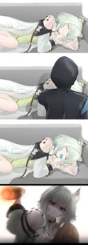 1girl 1other absurdres animal_ears arknights baguette belt_collar black_choker bread cat_ears cat_girl choker closed_eyes collar couch doctor_(arknights) fetal_position food green_shirt highres infection_monitor_(arknights) jewelry kal'tsit_(arknights) lying mebe_(teadia_violet) multiple_views necklace on_couch on_side open_mouth pacifier see-through_clothes see-through_sleeves shaded_face shirt sleeping white_background