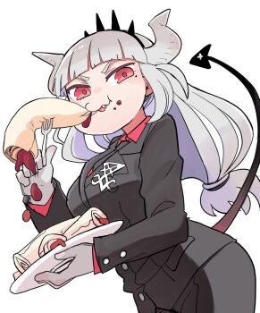 1girl black_pants black_suit blunt_bangs demon_girl demon_horns demon_tail eating food formal_clothes gloves hairband hare_(tetterutei) helltaker holding holding_plate horns long_hair looking_at_viewer lucifer_(helltaker) mole mole_under_eye necktie pancake pants plate red_eyes solo spiked_hairband spikes suit tail white_background white_gloves white_horns