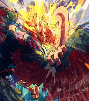 1boy alternate_form artist_name bird colored_sclera fighting gear_fifth hagoromo hand_on_another&#039;s_wing highres itsumade_(youkai) male_focus marcus_mars monkey_d._luffy monster one_piece open_mouth red_eyes sharp_teeth shawl solo taku_(aywakutakuay) teeth topless_male upper_teeth_only yellow_sclera