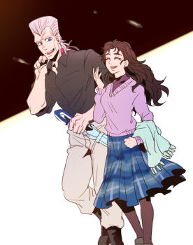 1boy 1girl anzumame black_hair blue_eyes brother_and_sister closed_eyes earrings grey_hair jean_pierre_polnareff jewelry jojo_no_kimyou_na_bouken pantyhose sherry_polnareff siblings simple_background skirt umbrella