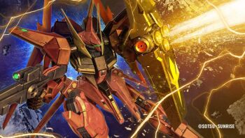 asteroid battle bawoo beam_cannon beam_rifle copyright_notice debris electricity energy energy_beam energy_gun firing glowing glowing_eye green_eyes gundam gundam_battle_operation_2 gundam_zz lens_flare machinery mecha mecha_focus mobile_suit neo_zeon no_humans official_art one-eyed painting_(medium) realistic robot scan science_fiction scope shield sunrise_(company) tenjin_hidetaka traditional_media weapon