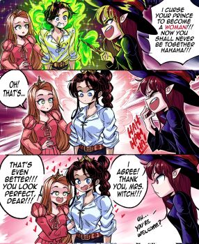 Rule 34 | 1boy, 3girls, blue eyes, blush, breasts, brown hair, cleavage, corrupted twitter file, dress, english text, genderswap, genderswap (mtf), grs-, hat, highres, large breasts, long hair, magic, multiple girls, pink dress, pointy ears, shirt, transformation, white shirt, witch, witch hat, yuri