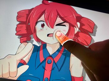 >_o 1boy 1girl absurdres artist_self-insert bare_shoulders blouse blue_shirt blue_sleeves cheek_poking commentary detached_sleeves drill_hair highres kasane_teto kasane_teto_(utau) kenno_(kenno9mp40) looking_at_viewer monitor one_eye_closed open_mouth out_of_frame photo_(medium) pointing poking pov pov_hands red_hair shirt short_hair sleeveless sleeveless_shirt through_medium through_screen twin_drills upper_body utau