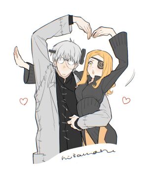 1boy 1girl arm_around_waist arms_up black_shirt blonde_hair coat collared_shirt eyepatch franken_stein_(soul_eater) glasses grey_hair heart_arms heart_arms_duo hetero highres hissiu lab_coat long_sleeves marie_mjolnir medium_hair object_through_head round_eyewear screw_in_head shirt short_hair simple_background soul_eater stitched_face stitches white_background white_coat yellow_eyes