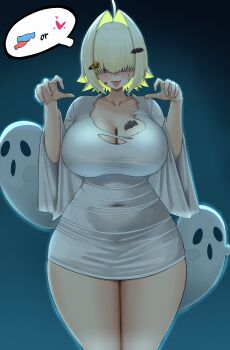 1girl absurdres ahoge bat_hair_ornament blonde_hair blue_background bluepaint breasts claw_pose cleavage commentary covered_navel curvy dress elegg_(nikke) english_commentary facial_mark food-themed_hair_ornament ghost goddess_of_victory:_nikke hair_intakes hair_ornament halloween heart heart_facial_mark highres large_breasts looking_at_viewer pumpkin_hair_ornament purple_eyes short_hair solo_focus speech_bubble star_(symbol) star_facial_mark thighs white_dress