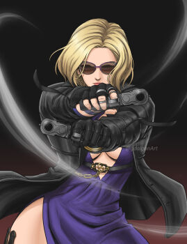1girl aiming aiming_at_viewer black_gloves black_jacket blonde_hair breasts center_opening death_by_degrees dress dual_wielding earrings fingerless_gloves gangsta_hold geoffrey_daigon gloves gun halter_dress halterneck handgun highres holding jacket jewelry knife large_breasts leather leather_jacket lips looking_at_viewer multiple_rings namco nina_williams no_bra purple-framed_eyewear purple_dress ring short_hair side_slit solo sunglasses tekken tekken_2 tekken_3 tekken_4 tekken_5 tekken_5_(dark_resurrection) tekken_7 tekken_8 tekken_blood_vengeance tekken_bloodline tekken_tag_tournament tekken_tag_tournament_2 weapon