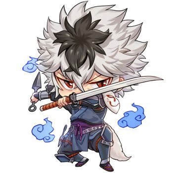 Rule 34 | 1boy, black hair, brown eyes, fire emblem, fire emblem fates, fox mask, full body, gloves, holding, holding knife, holding sword, holding weapon, jiuganganmaya, katana, knife, kunai, male focus, mask, mask on shoulder, multicolored hair, ninja, nintendo, shura (fire emblem), solo, sword, two-tone hair, weapon, white hair