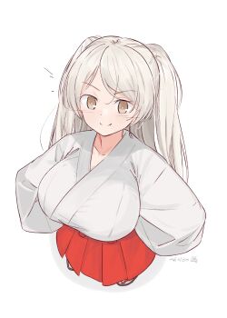 1girl breasts brown_eyes conte_di_cavour_(kancolle) conte_di_cavour_(miko)_(kancolle) from_above grey_hair hakama highres hikashima_(shiofune) japanese_clothes kantai_collection kimono large_breasts long_hair looking_at_viewer red_hakama solo two_side_up white_kimono