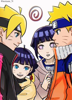 2boys 2girls arm_hug black_jacket blonde_hair blue_eyes boruto:_naruto_next_generations brother_and_sister facial_mark forehead_protector frown highres hyuuga_hinata jacket multiple_boys multiple_girls naruto_(classic) naruto_(series) notane_n orange_jacket purple_eyes short_hair siblings smile time_paradox uzumaki_boruto uzumaki_himawari uzumaki_naruto whisker_markings